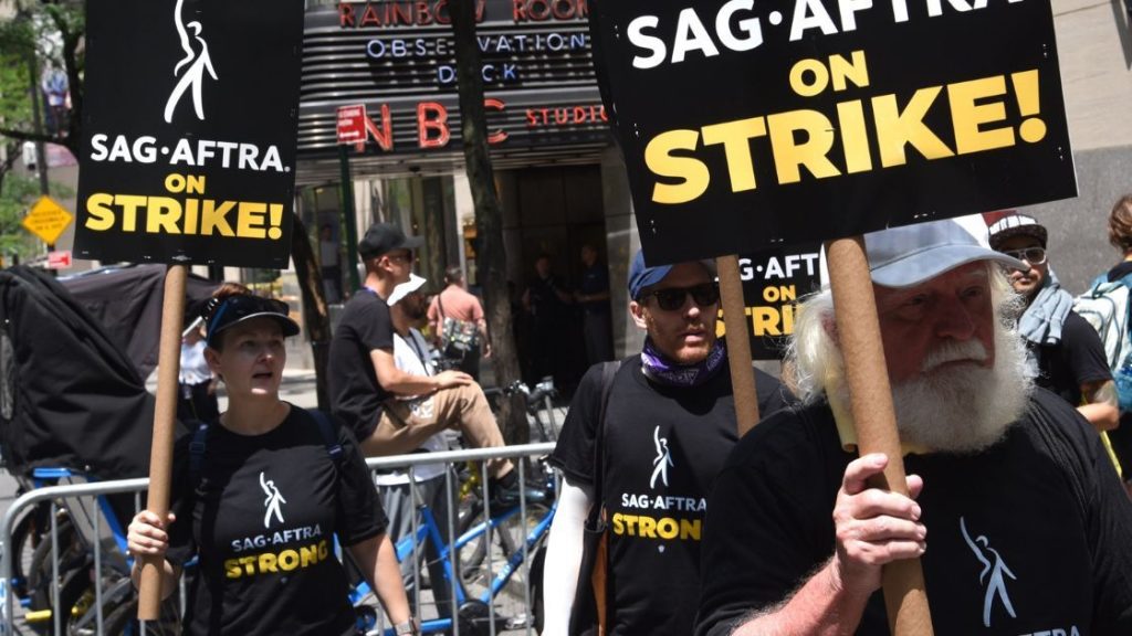 New York NY USA-July 14, 2023 Members of SAG-AFTRA and other union supporters picket outside the HBOAmazon offices in the Hudson Yards neighborhood in New York (rblfmr/shutterstock.com)
