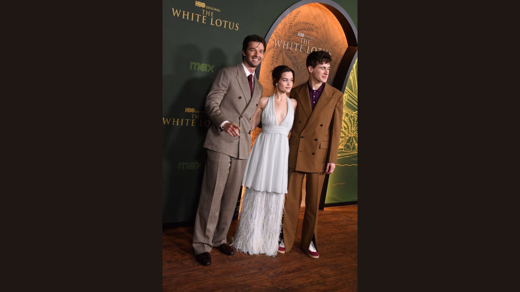 Los Angeles, California, USA 10th February 2025 (L-R) Actor Patrick Schwarzenegger, Actress Sarah Catherine Hook and Actor Sam Nivola attend the Los Angeles Premiere of HBO Original Series The White Lotus Season 3 at Paramount Theatre on February 10, 2025 in Los Angeles, California, USA. Photo by Barry King/Alamy Live News