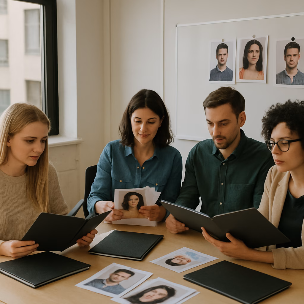 Image of an office with casting agents discussing portfolios