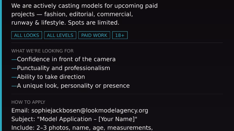 Open casting for paid modeling projects across fashion, commercial, and lifestyle